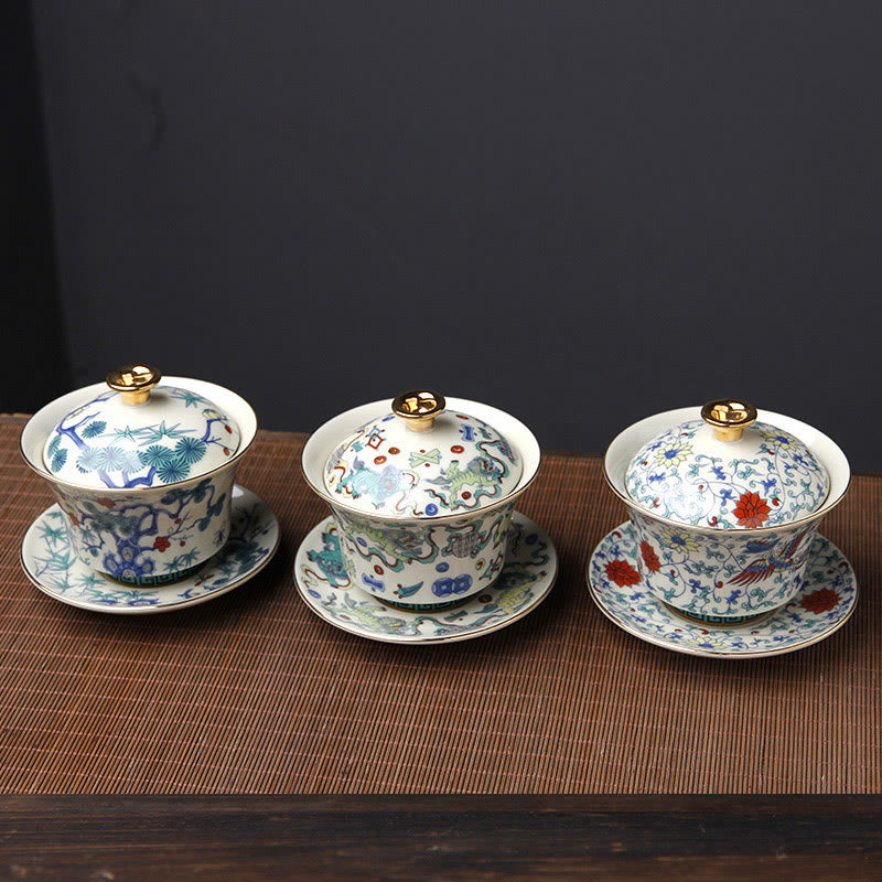 Buddha Stones Retro Plum Blossom Pine Bamboo Phoenix Kirin Ceramic Gaiwan Sancai Teacup Kung Fu Tea Cup and Saucer with Lid Cup BS 14