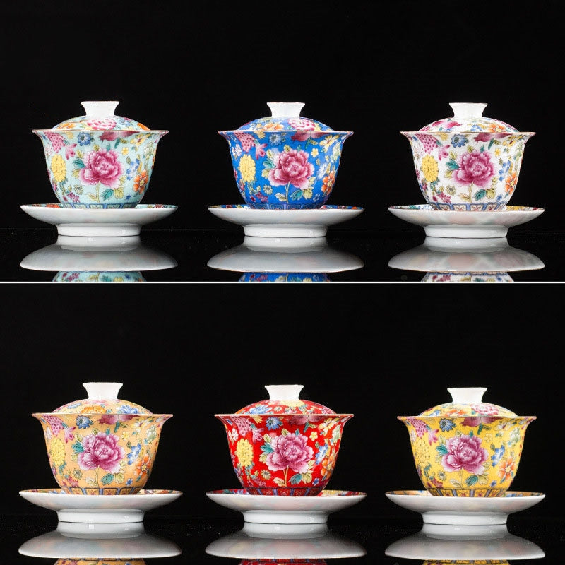 Buddha Stones Peony Flowers Ceramic Gaiwan Sancai Teacup Kung Fu Tea Cup And Saucer With Lid Cup BS 1
