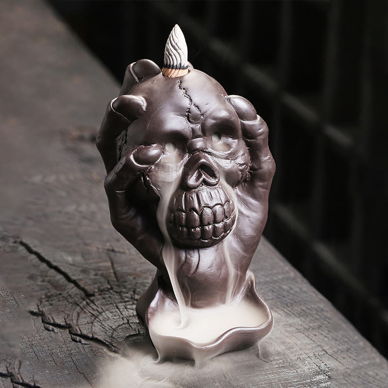 Buddha Stones Halloween Skull With Ghost Hand Purple Clay Spiritual Incense Burner Decoration Incense Burner BS 2
