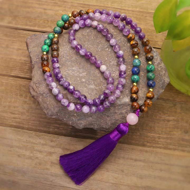 Buddha Stones Tibetan Amethyst Purify Bracelet Mala Set Mala Bracelet BS Necklace