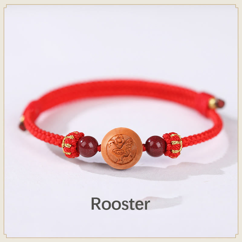 Buddha Stones Natural Peach Wood Chinese Zodiac Fu Character Carved Cinnabar Wealth Bracelet Bracelet BS Rooster-Red(Wrist Circumference 14-22cm)
