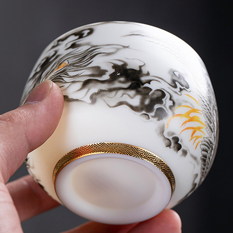 Buddha Stones Phoenix White Porcelain Ceramic Teacup Kung Fu Tea Cup 185ml With Gift Box Cup BS 4