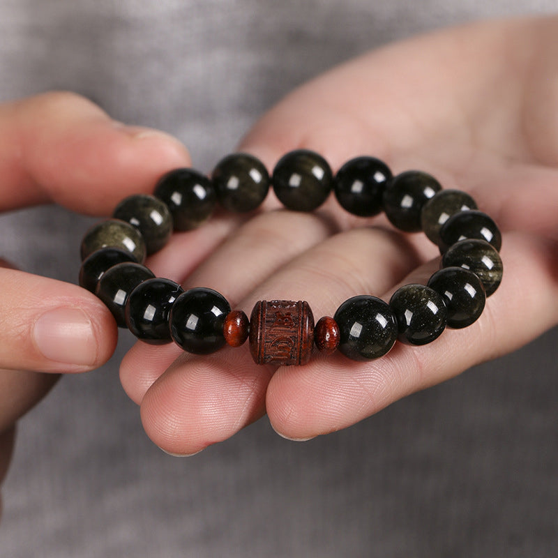 Buddha Stones Natural Gold Sheen Obsidian Rainbow Obsidian Om Mani Padme Hum Fu Character Healing Bracelet Bracelet BS 5