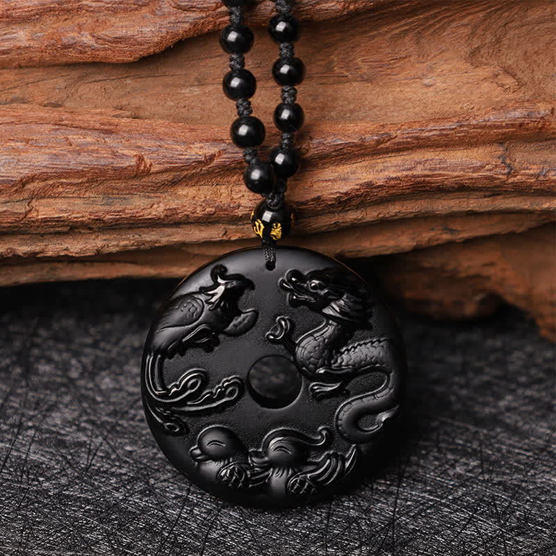 Buddha Stones Black Obsidian Dragon Phoenix Mandarin Duck Luck Protection Necklace Pendant Necklaces & Pendants BS 50mm Black Obsidian&Bead Chain