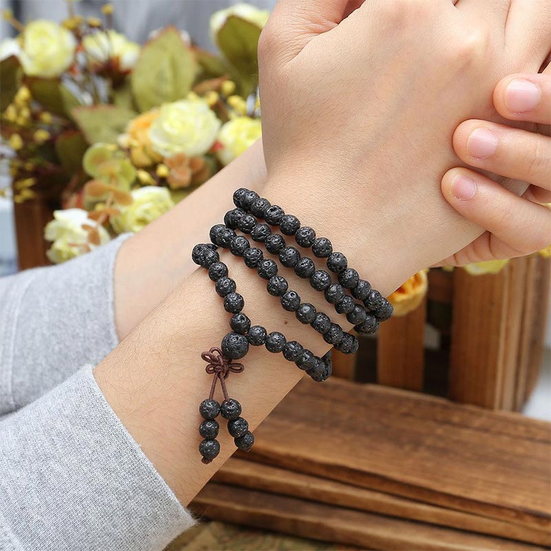 Buddha Stones Natural Lava Rock 108 Beads Protection Bracelet Mala Bracelet BS 2