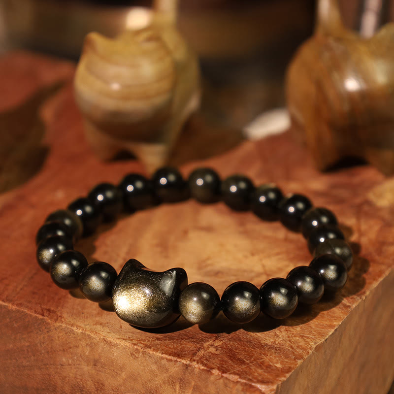Foviel Gold Sheen Obsidian Silver Sheen Obsidian Lovely Paw Lucky Cat Protection Bracelet