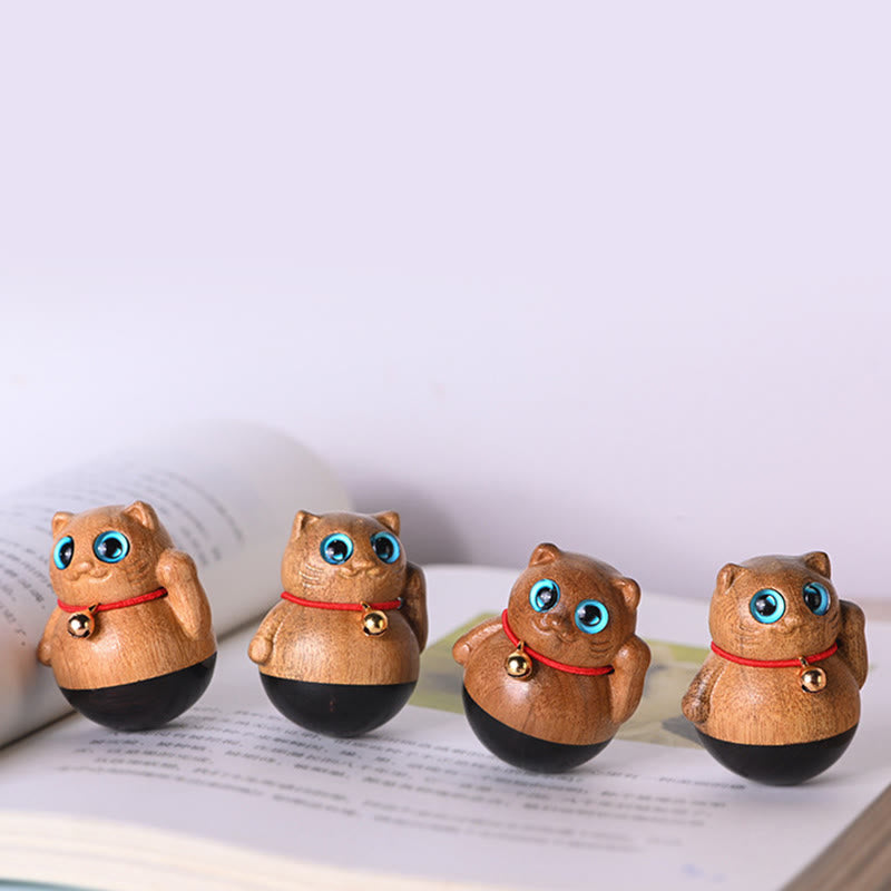 Buddha Stones Mini Lucky Cat Kitten Phoebe Zhennan Wood Blessing Decoration Decorations BS 7