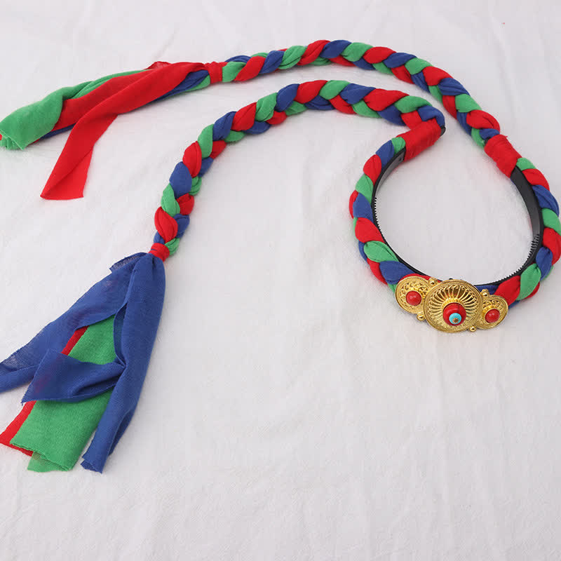 Buddha Stones Tibetan Colorful Tassel Beads Hair Decoration Hair Accessories Decorations BS Blue Three Beads