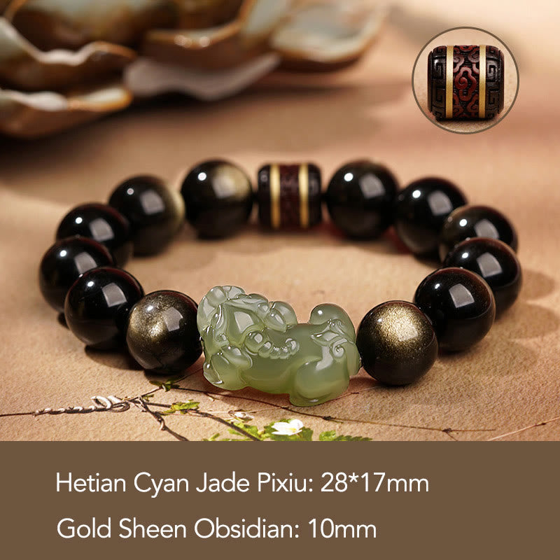 Bracelet PiXiu de richesse en obsidienne dorée naturelle, jade bleu de Hetian et jade blanc Foviel
