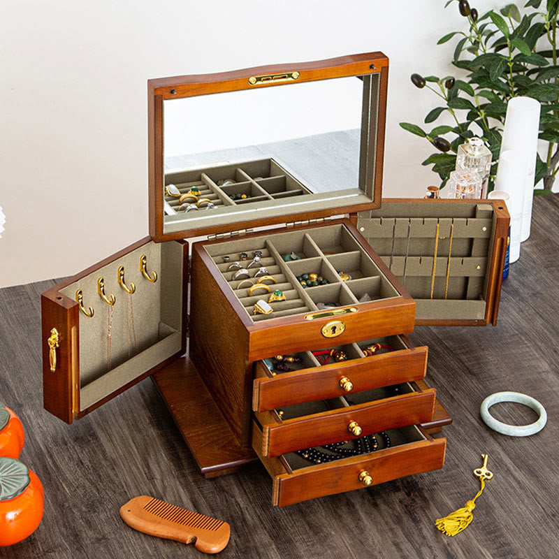 Buddha Stones Vintage Large Capacity Wooden Jewelry Box Jewelry Storage Box With Mirror Jewelry Box BS 1
