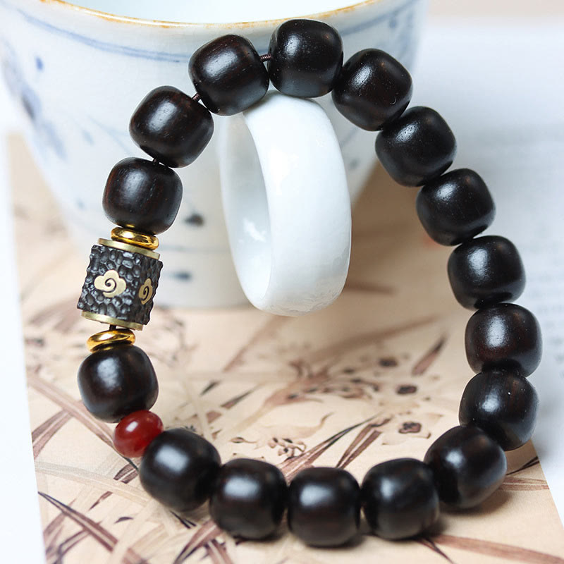 Buddha Stones Ebony Wood Auspicious Clouds Engraved Calm Bracelet Bracelet BS 1