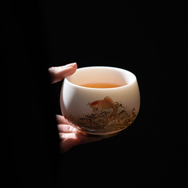 Tasse à thé en céramique Foviel Phoenix Dragon Lotus Deer Ancient Building Koi Fish pour thé Kung Fu