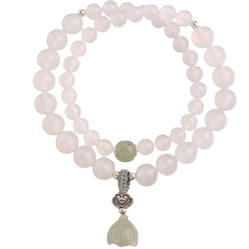 Buddha Stones White Agate Jade Lotus Protection Bracelet Bracelet BS 9