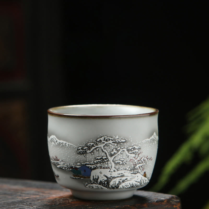 Buddha Stones Loquat Lychee Snow Scenery Landscape Grape Apple Ceramic Teacup Kung Fu Tea Cup Cup BS Snow Scenery 6.5cm*5.5cm*130ml