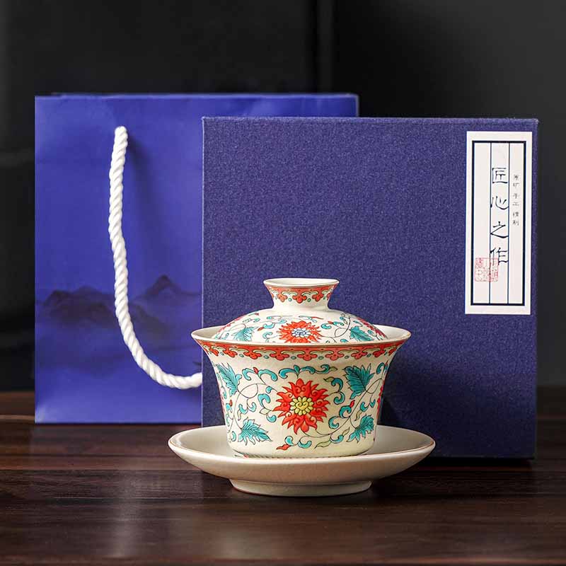 Buddha Stones A Panorama of Rivers and Mountains Flowers Ceramic Gaiwan Sancai Teacup Kung Fu Tea Cup And Saucer With Lid Cup BS Flower 12cm*9cm*100ml With Gift Box