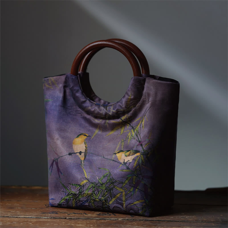 Buddha Stones Peony Flower Bamboo Leaves Bird Solid Wood Handle Handbag Handbags BS Violet Bamboo Bird 22*19*11cm