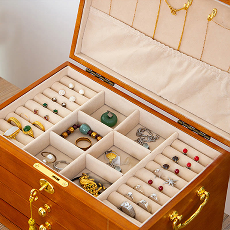 Buddha Stones Retro Solid Wood Jewelry Box Four-Layer Wooden Jewelry Storage Box Jewelry Box BS 17