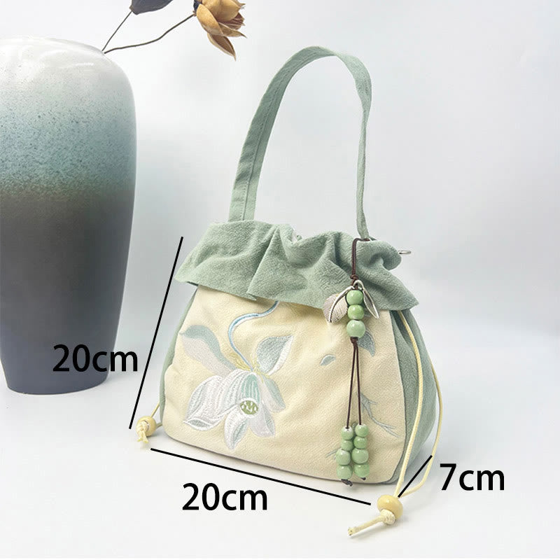 Buddha Stones Suzhou Embroidery Lotus Epiphyllum Magnolia Cotton Linen Tote Crossbody Bag Shoulder Bag Handbag Crossbody Bag BS 6