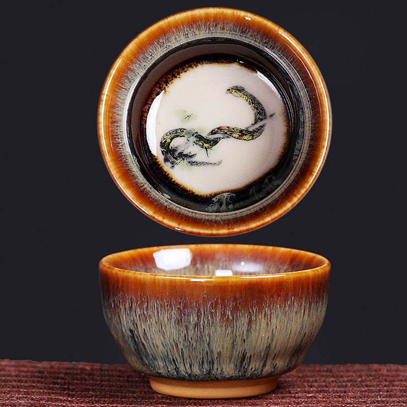 Buddha Stones 12 Chinese Zodiac Pattern Ceramic Teacup Kung Fu Jian Chinese Zhan Tea Cup 73ml Jian Zhan Tea Cup BS Snake 6.8cm*3.6cm*73ml