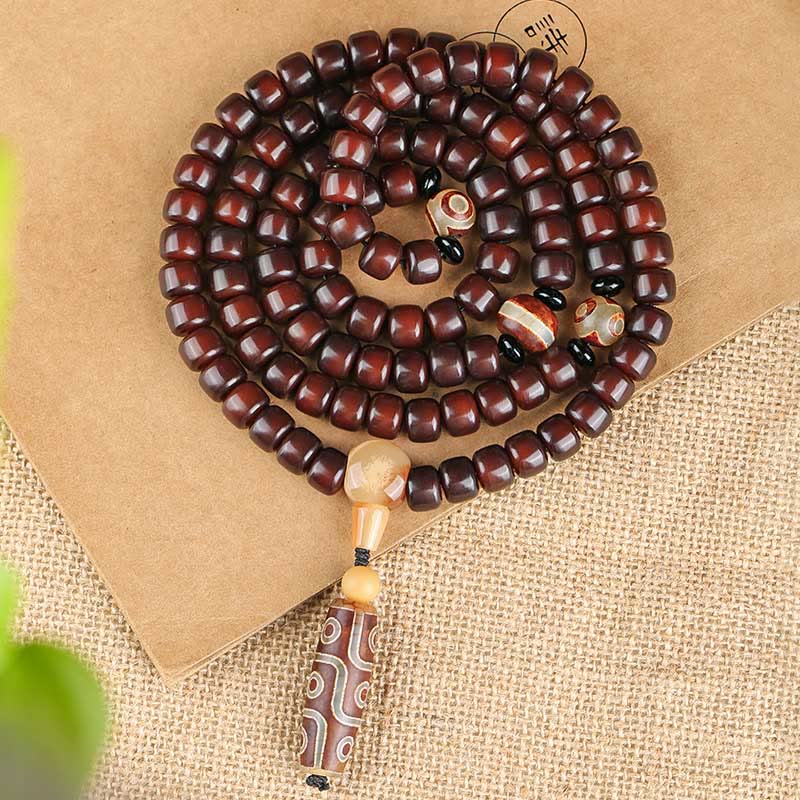 Bracelet de chance Foviel 108 perles Mala avec perle Dzi à trois yeux et perle Dzi à neuf yeux en jade
