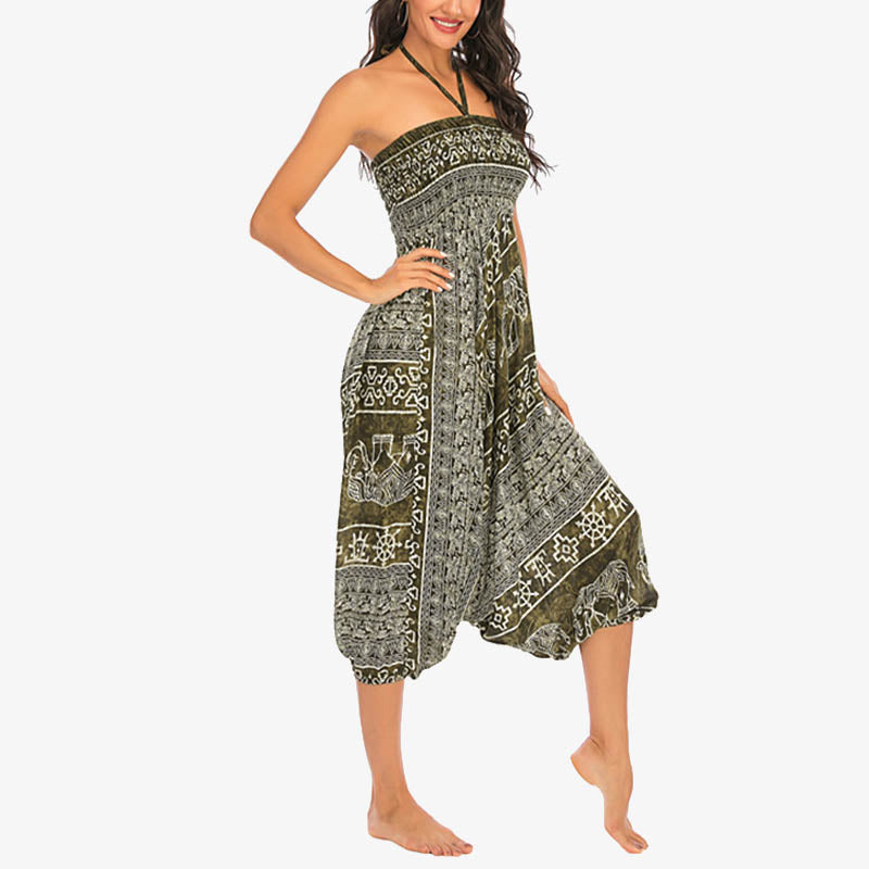 Buddha Stones Two Style Wear Elephant Pattern Loose Smocked Harem Trousers Jumpsuit Women's Yoga Pants Harem Pants&Bodysuit BS 18