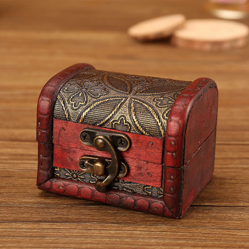 Buddha Stones Retro Small Wood Jewelry Box Lotus Golden Grape Copper Coin Daffodil Grass Flower Jewelry Storage Box Jewelry Box BS Copper Coins 8*6.5*6cm