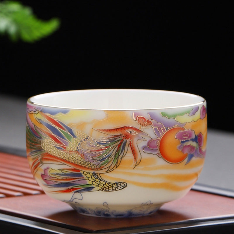 Buddha Stones Dragon Phoenix Auspicious Clouds Sun Ocean Waves Ceramic Teacup Kung Fu Tea Cup Cup BS 8cm*5.2cm*130ml Phoenix