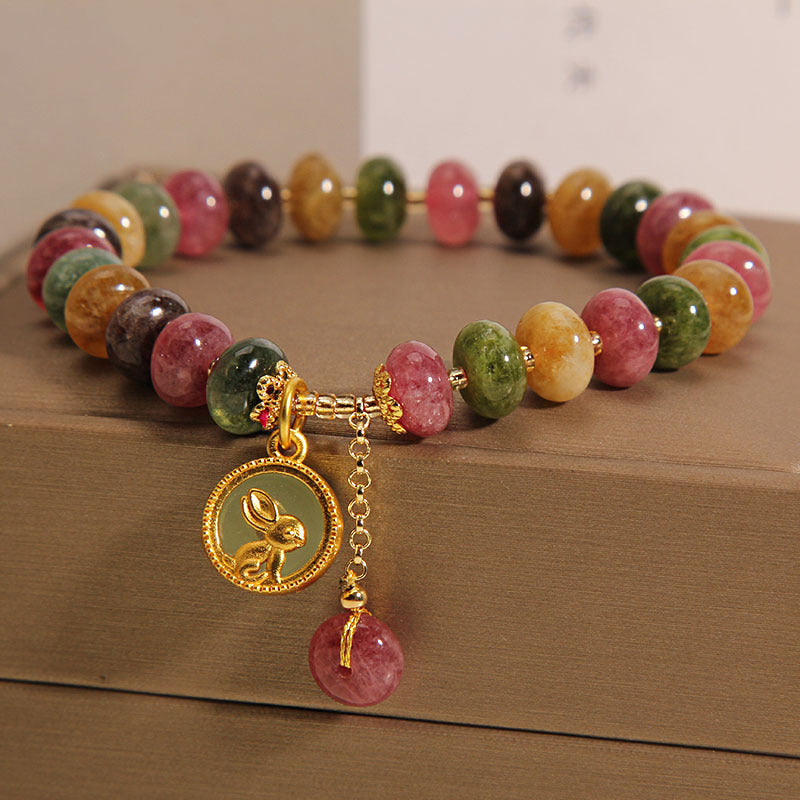 Buddha Stones Natural Colorful Tourmaline Cute Rabbit Charm Positive Bracelet Bracelet BS 6