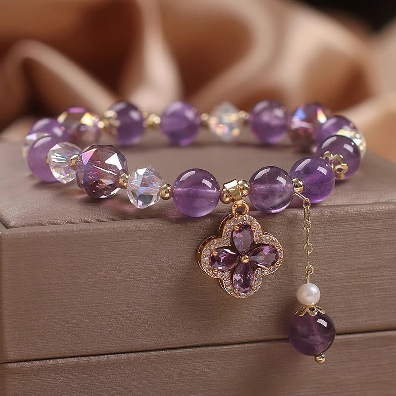 Bracelet de guérison spirituelle Foviel en cristal d'améthyste naturelle à quatre feuilles