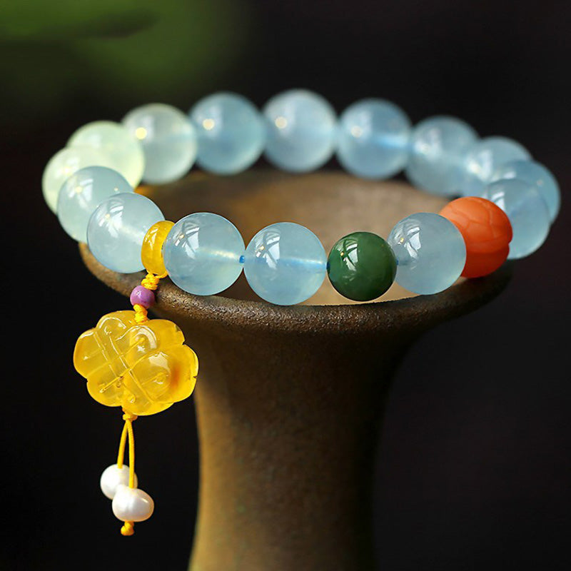 Buddha Stones Natural Aquamarine Amber Chinese Knotting Charm Peace Bracelet Bracelet BS 8