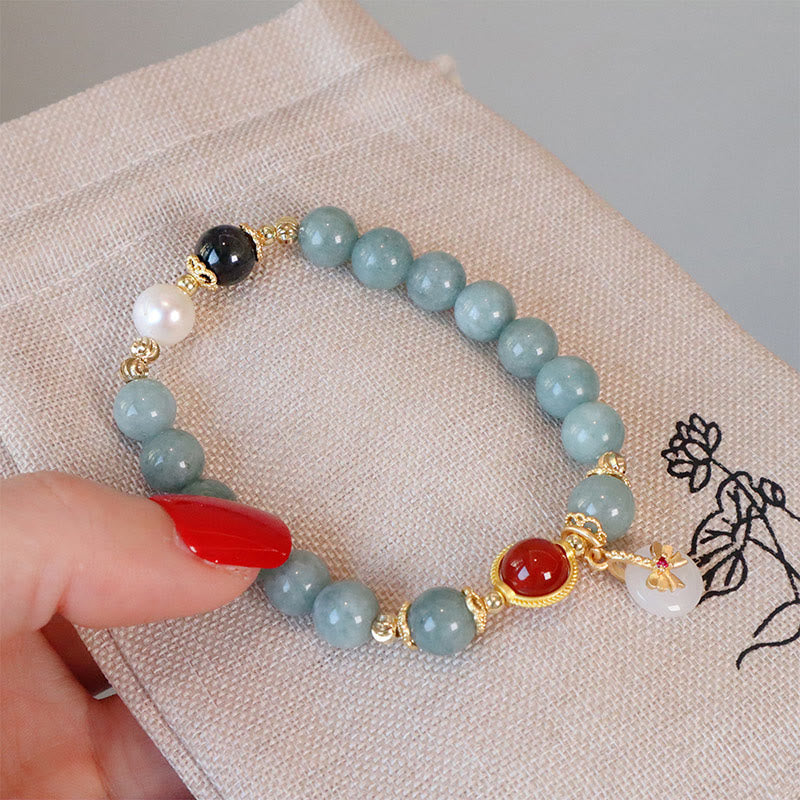 Buddha Stones Natural Jade Red Agate Pearl Bow Tie Luck Bracelet Bracelet BS 9