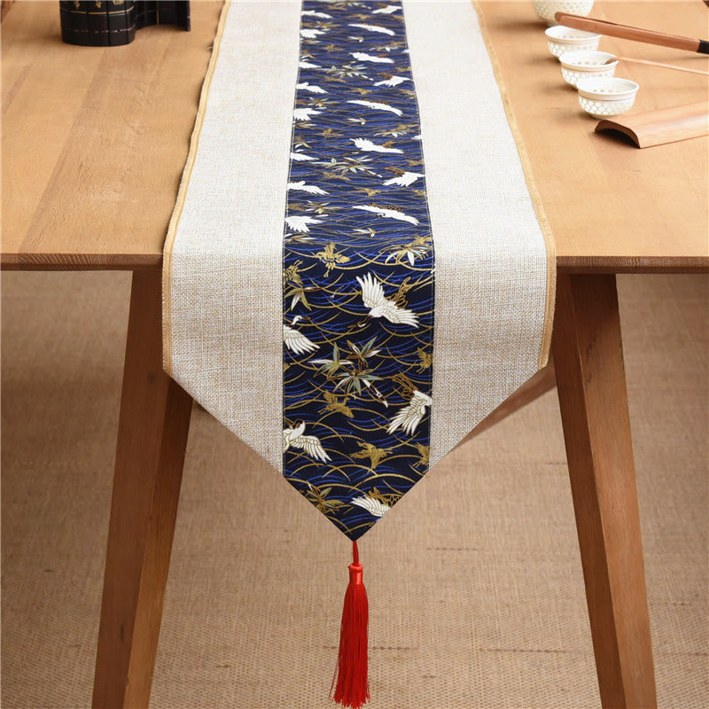 Buddha Stones Classic Chinese Style Lotus Koi Fish Flower Crane Calligraphy Enlightenment Cotton Linen Tassels Table Runner Table Runner BS Beige Blue Crane 30*180cm