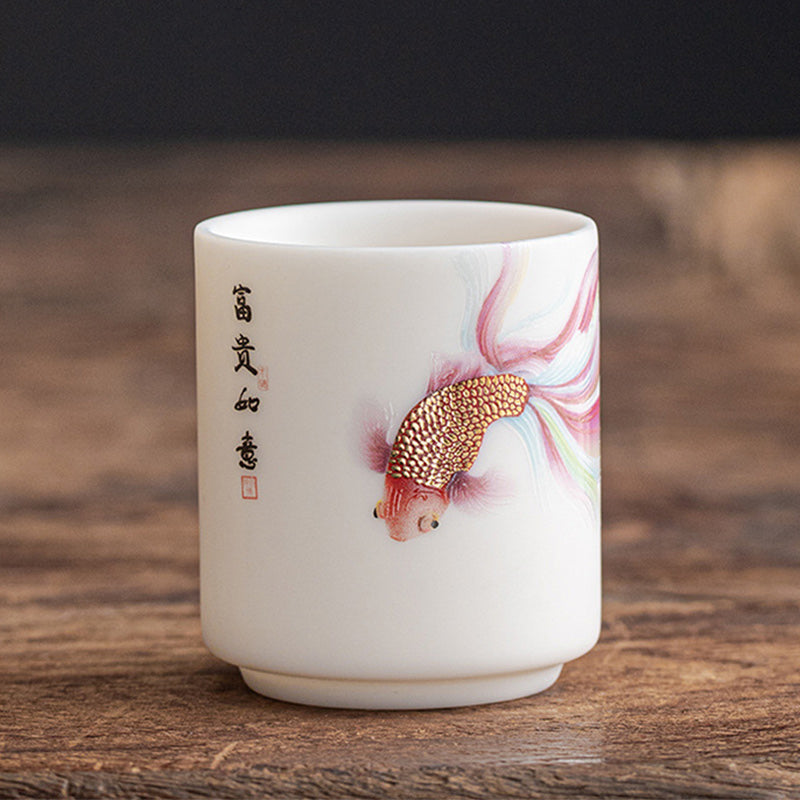 Buddha Stones Koi Fish White Porcelain Ceramic Teacup Kung Fu Tea Cup Cup BS Koi Fish 5.3cm*6cm*80ml