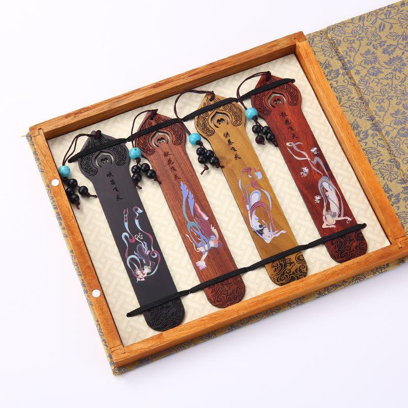 Buddha Stones 4Pcs Four Seasons Plum Orchid Bamboo Chrysanthemum Peking Opera Mask Wood Bookmarks With Gift Box Bookmarks BS 4Pcs Fairy Flying To The Sky