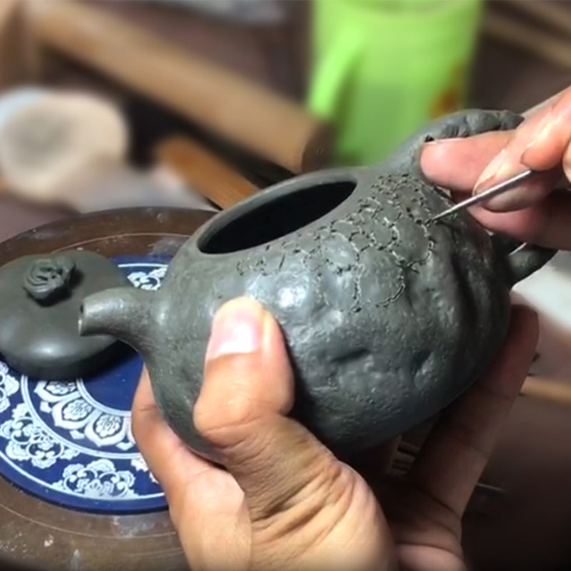 Buddha Stones Handmade Vintage Tree Texture Purple Clay Kung Fu Teapot 220ml Teapot BS 2