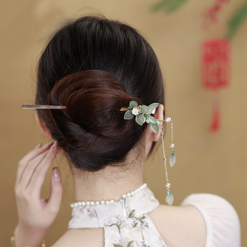Buddha Stones Flower Leaf Pearl Peace Tassel Hairpin Hairpin BS 3