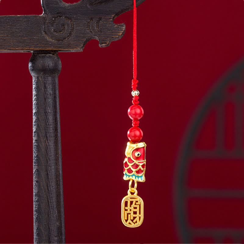 Buddha Stones Koi Fish Cinnabar Attracting Wealth Wish Ruyi Charm Luck Phone Hanging Decoration Phone Hanging Decoration BS 10
