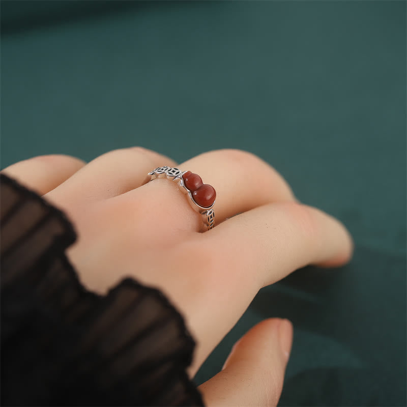 Buddha Stones 925 Sterling Silver Red Agate Gourd Copper Coin Self-acceptance Ring