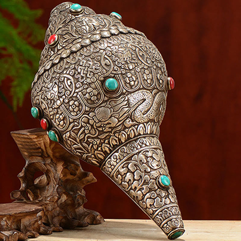 Buddha Stones Tibetan Handmade Natural Shankha Engraved Eight Auspicious Symbols Conch Shell Lucky Home Decoration Decorations BS 12