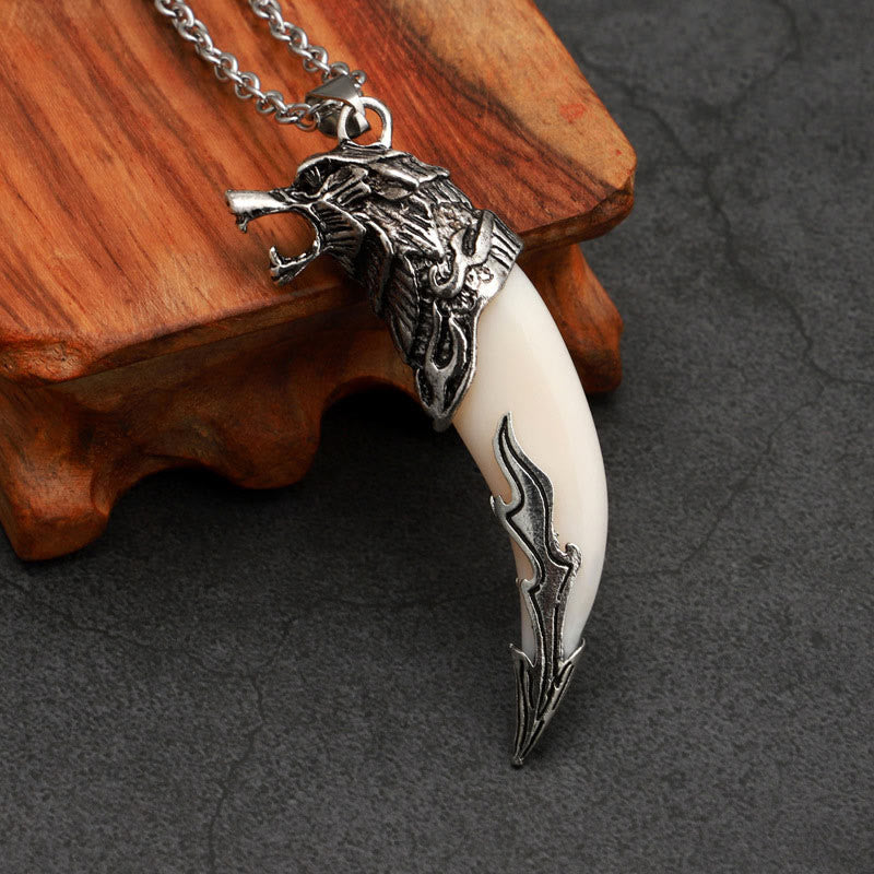 Buddha Stones Imitation Wolf Tooth Titanium Steel Balance Necklace Pendant Necklaces & Pendants BS White Imitation Wolf Tooth Chain