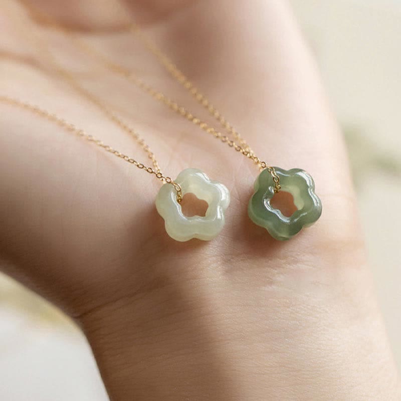 Buddha Stones Dainty Hetian Jade Cyan Jade Luck Floral Charm Necklace Pendant Necklaces & Pendants BS 1