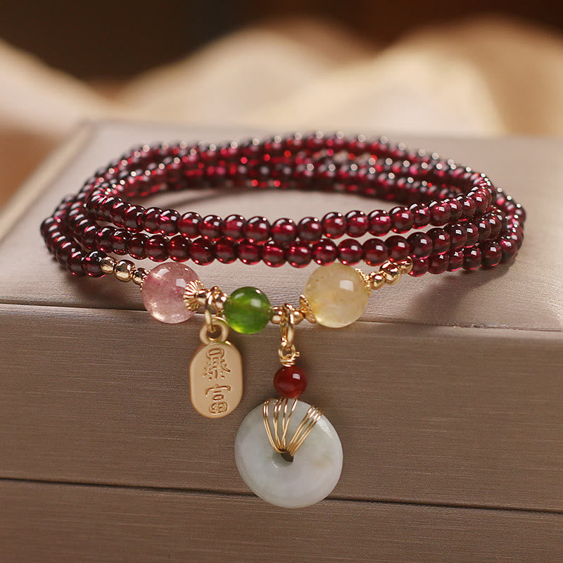Buddha Stones Natural Garnet Strawberry Quartz Crystal Fox Koi Fish Peace Buckle Fortune Protection Triple Wrap Bracelet Bracelet BS Garnet&Peace Buckle