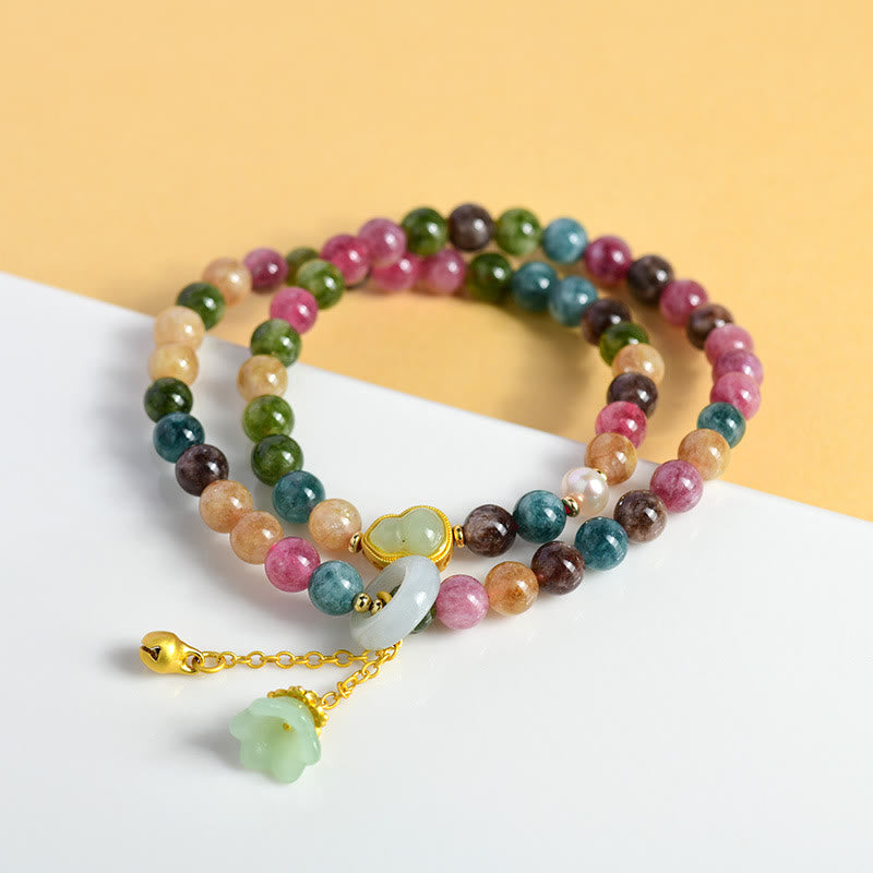 Buddha Stones Multicolored Tourmaline Gourd Wisdom Double Wrap Lily Of The Valley Charm Bracelet Bracelet BS 1