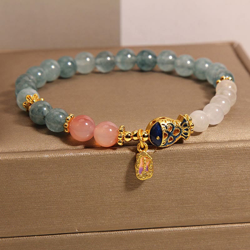 Buddha Stones Jade Yanyuan Agate White Jade Koi Fish Scripture Charm Luck Bracelet Bracelet BS 3