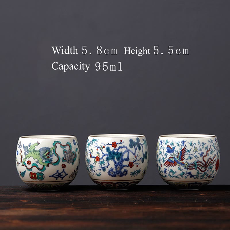 Buddha Stones Vintage Plum Blossom Pine Bamboo Phoenix Kirin Lion Dancing Ceramic Teacup Tea Cups Cup BS 14