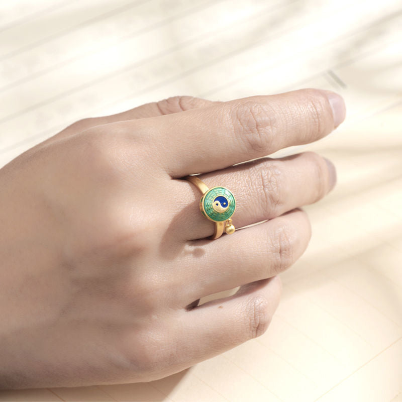 Buddha Stones Yin Yang Copper Luck Wealth Rotatable Ring Rings BS 3