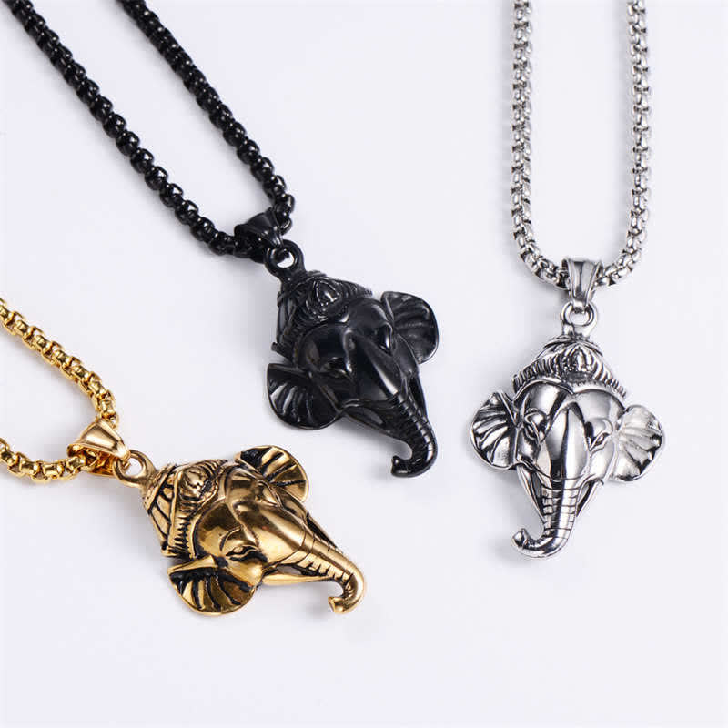 Buddha Stones Ganesh Ganpati Elephant Titanium Steel Protection Pendant Necklace Necklaces & Pendants BS 5