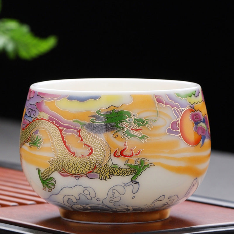 Buddha Stones Dragon Phoenix Auspicious Clouds Sun Ocean Waves Ceramic Teacup Kung Fu Tea Cup Cup BS 7.7cm*6.1cm*190ml Dragon