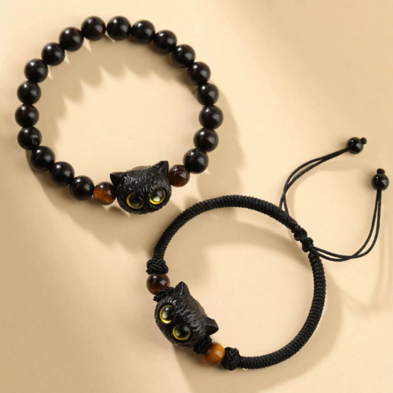 Buddha Stones Cute Ebony Wood Cat Head Pattern Peace Bracelet Bracelet BS 11