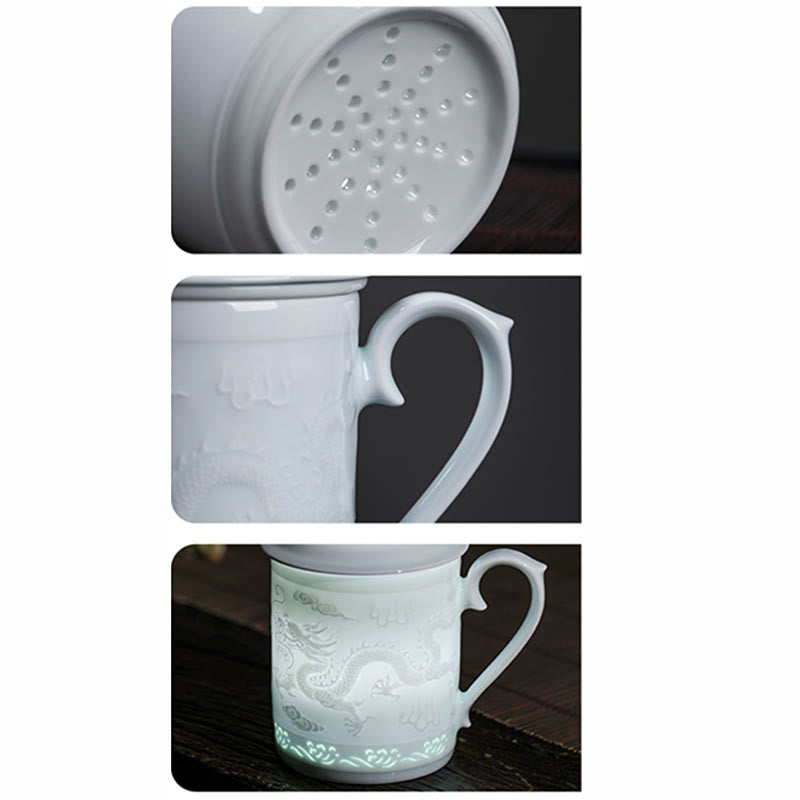 Buddha Stones Jingdezhen Linglong Porcelain Auspicious Dragon Phoenix Boat Smooth Sailing Ceramic Teacup Office Tea Cups 420ml Cup BS 5